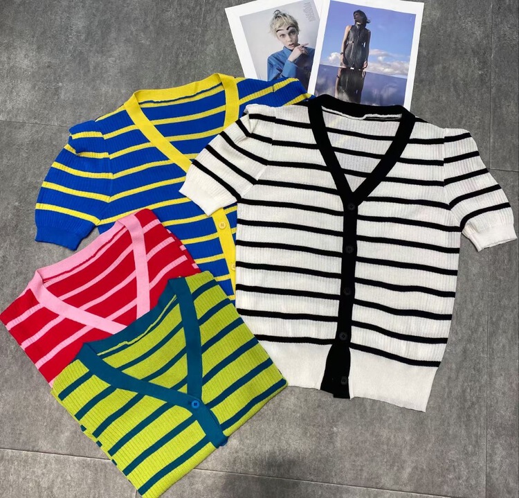 [s'seven] V-neck stripe versatile knit cardigan 2977# XYJ