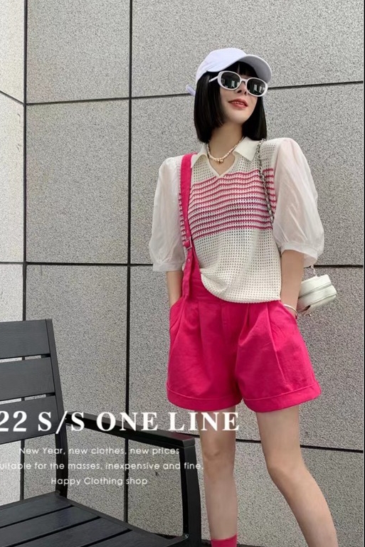[Hello cherry cherizi] Polo neck stripe ice silk splicing short sleeve sweater a833# WTT