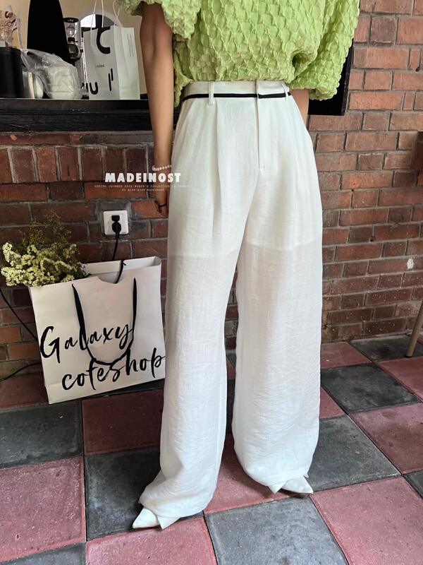 [OSHA madeinost] mercerized linen elastic waist wide leg slim casual pants (with waist rope) 86308# ll