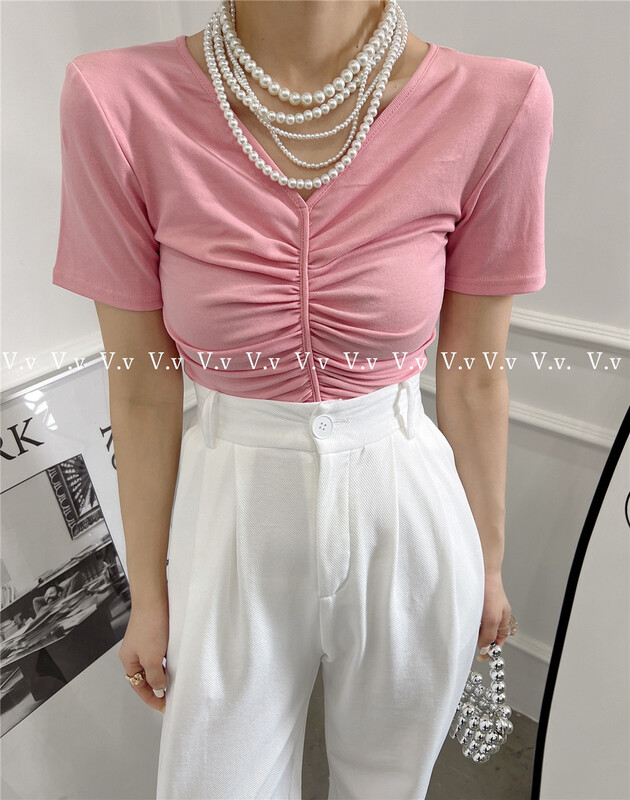 [v.v] Korean version solid color pleated short sleeved T-shirt 7105# cqw