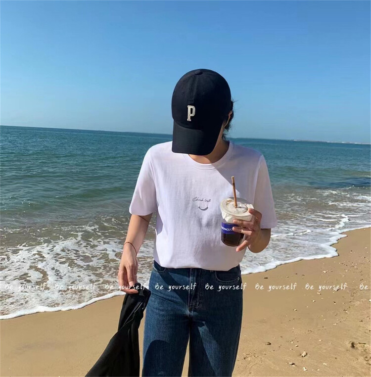 New year in early spring! [be your self] letter smiley face printed short sleeve T-shirt t66078# LSL