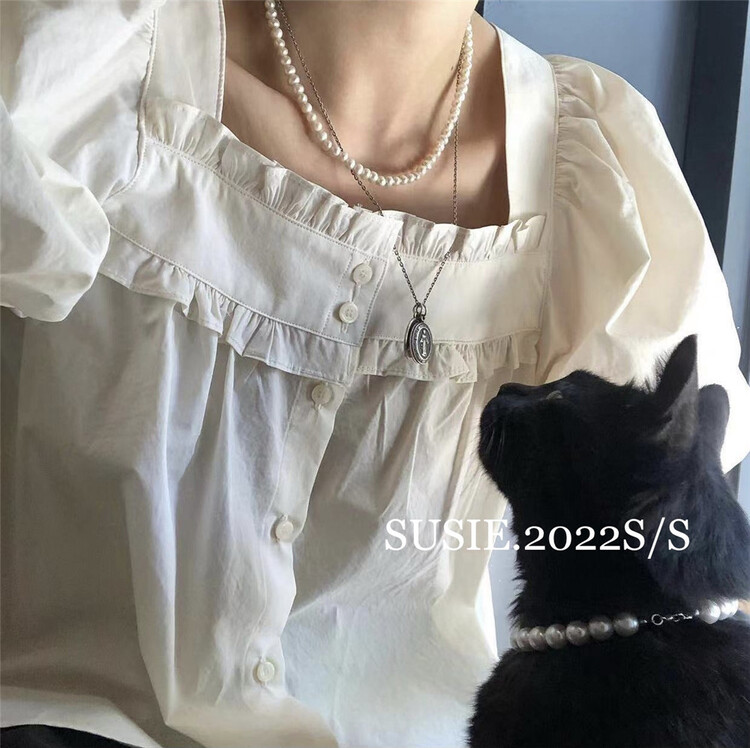 [Susie] Korean style square neck bubble sleeve wood ear shirt 8692# zjy
