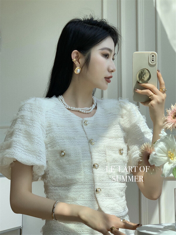 [1. One] French Style Bubble Sleeve Blouse + Hip Wrap Skirt Suit 8078# WPL