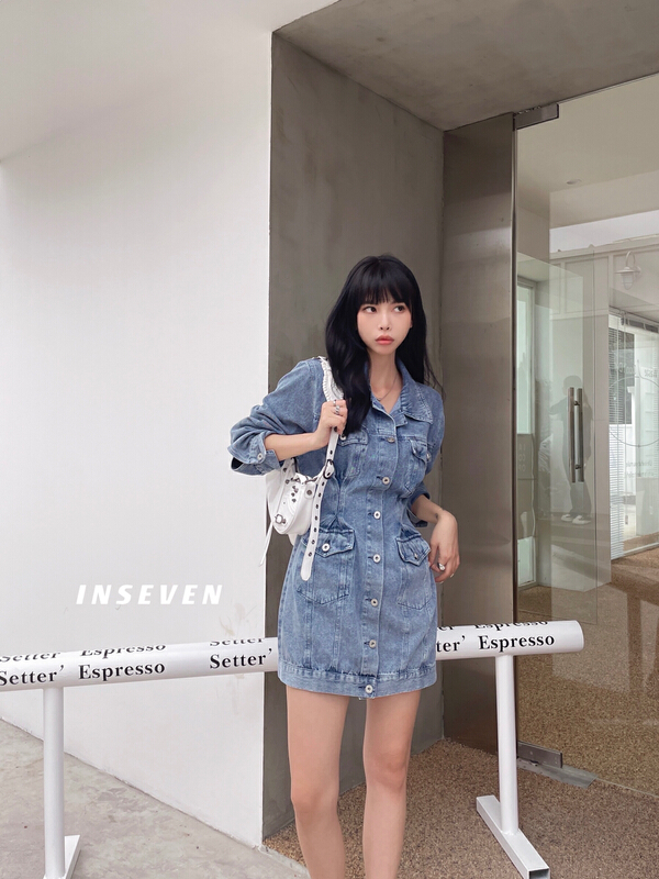 Original price 178.99! [inseven] unique Hong Kong style design long sleeved A-shaped waist high-grade denim skirt 26130# ozq