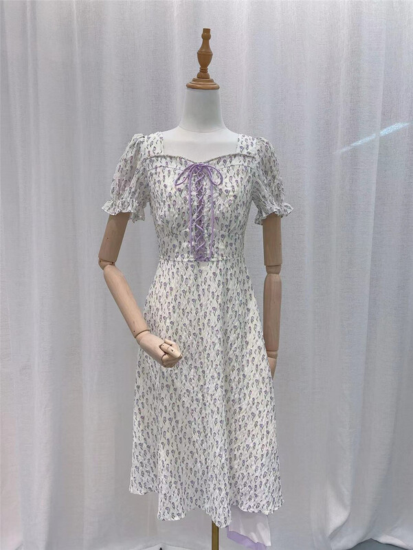 [purple edge] French floral style bubble sleeve dress 6272# zxx