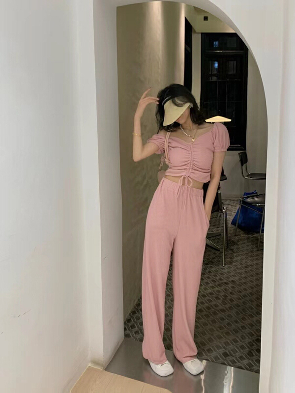 [X.C] street style V-neck drawstring blouse + fashionable elastic wide leg casual pants set 317# WPL
