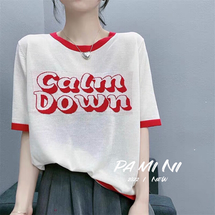 New in early summer! [pamini] color blocked round neck letter ice silk sweater 215-1# Cl