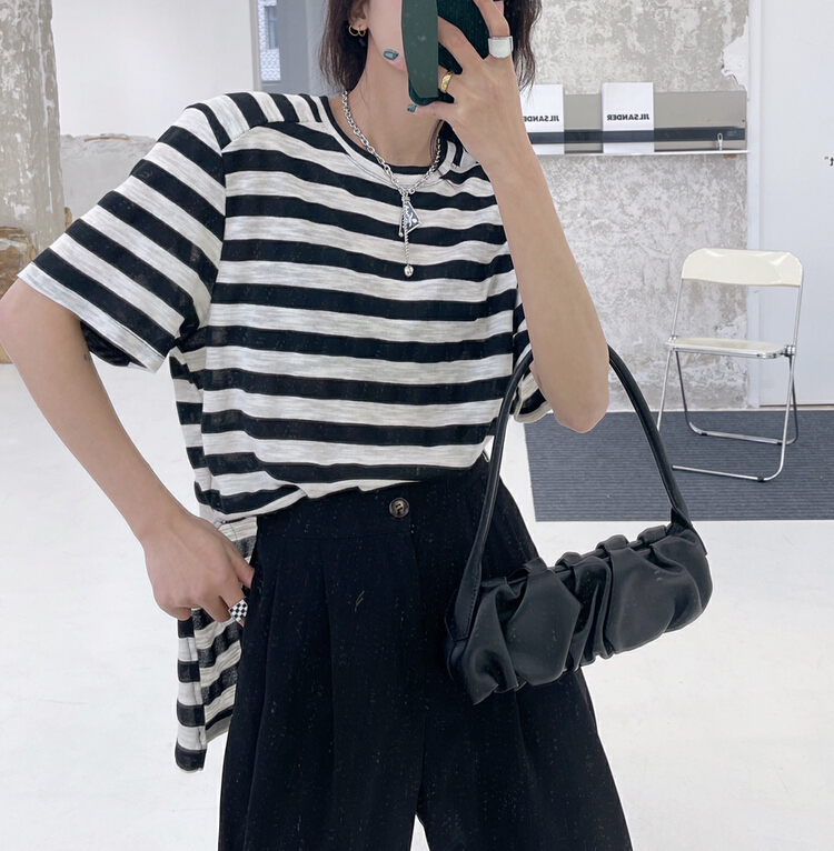 [Xi Xi] stripe versatile slim short sleeve T-shirt 6927# ozq