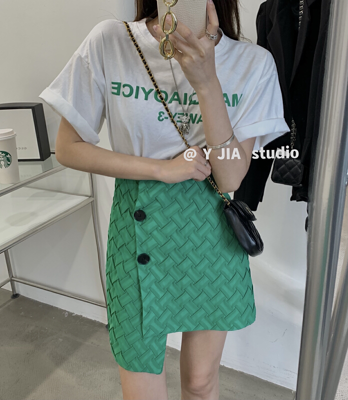 New in early summer! [y.jia Yijia] simple letter short sleeve T-shirt + woven irregular skirt suit (only suit) ys1-8953# PCZ