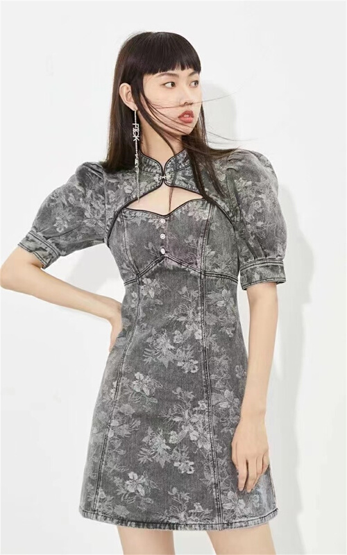 [little woman] bubble sleeve jacquard denim dress 22111# PCZ