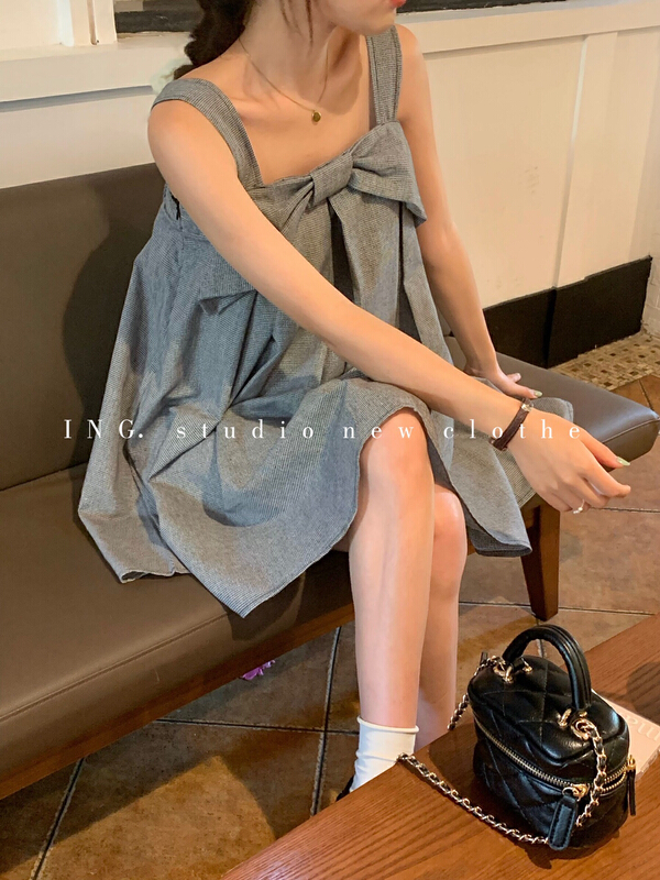 New in early summer! [ing] sweet design, age reducing bow, small Plaid suspender dress 6975# HBx