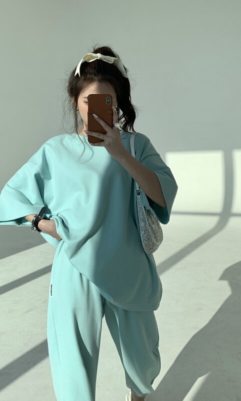 New in early summer! [11An] round neck thin short sleeved T-shirt + simple elastic waist Leggings casual pants set a6303# LSL