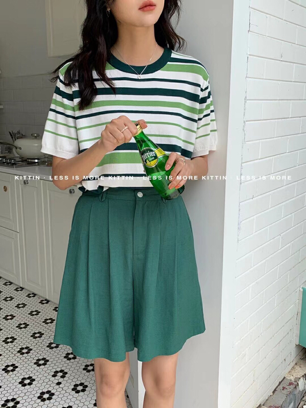 [September] Korean round neck color contrast stripe short sleeve sweater 1167# ozq