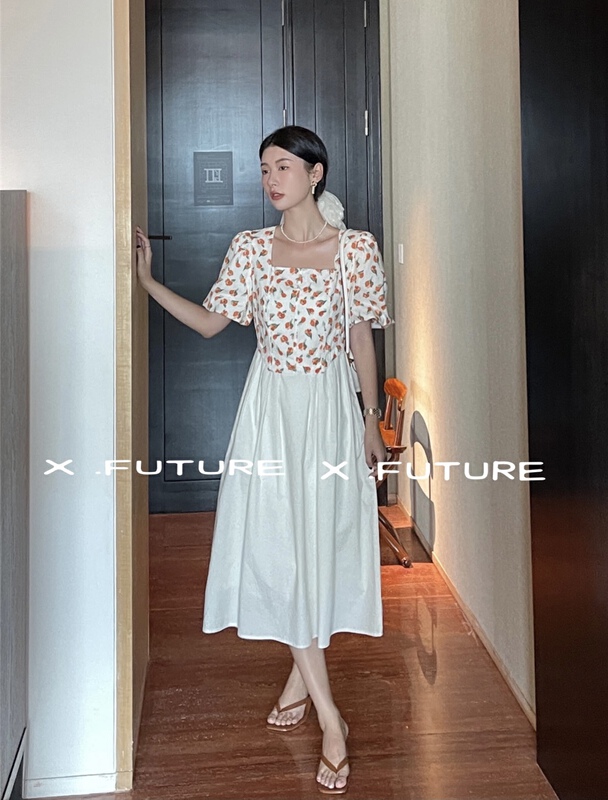 [x.future] French splicing design square neck dress j8085# zxx