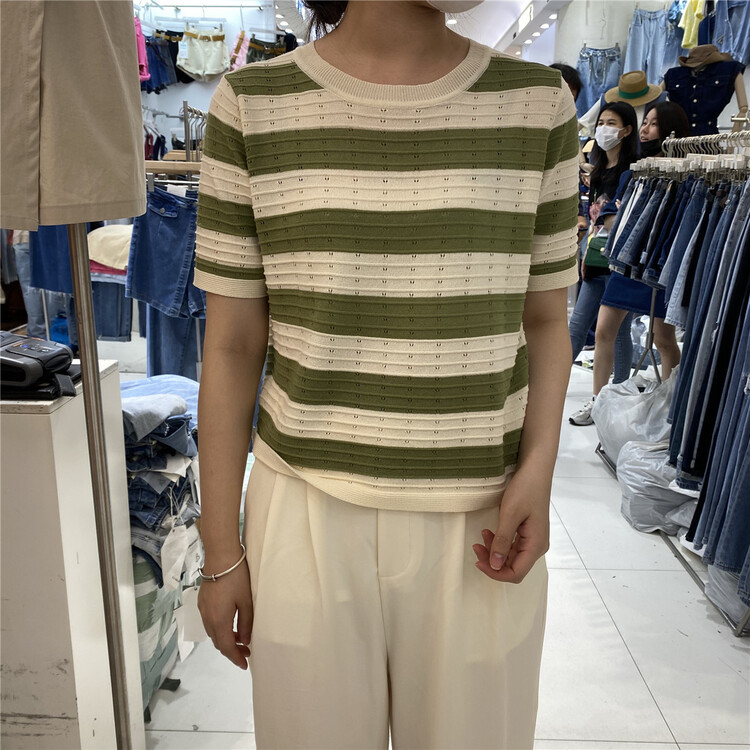 [Yun] crew neck striped Pullover knit short sleeve T-shirt 6533# CSX