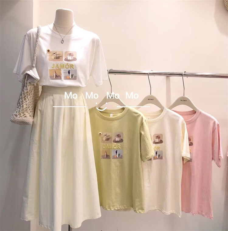 New in early summer! [Momo] Korean casual printed short sleeve T-shirt 3867# HBx