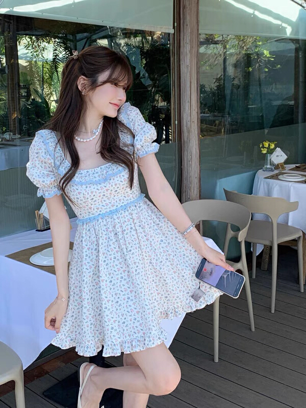 [Huaxi] Korean floral waist closing bubble sleeve square neck dress 9019# PCZ
