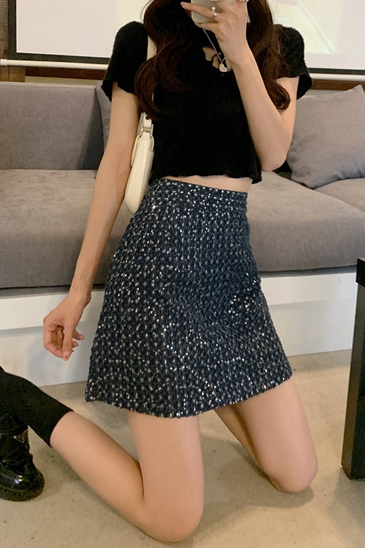 New in early summer! [four seasons] Korean version of xiaoxiangfeng Sequin high waist denim skirt 3050# LSL