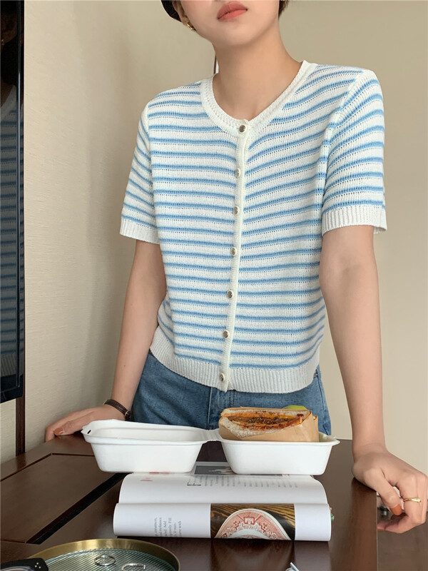 [feeding] Korean striped short sleeved knitted cardigan ys2-630# cqw