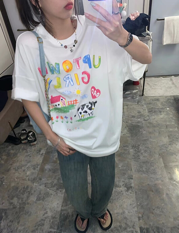 [rainbow] cute color graffiti loose short sleeve T-shirt 11860# WTT