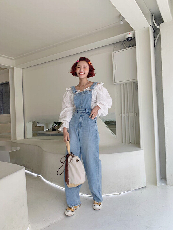 New year in early spring! [smile baby] Korean retro versatile loose wide leg straight tube denim suspenders b2219# jhy