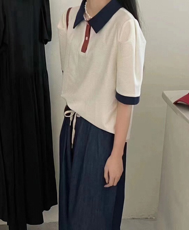 [misu +] Korean color blocking versatile polo shirt 80512# ZZL