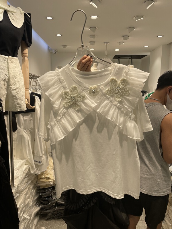 New year in early spring! [yipinhan] Korean version lotus leaf edge three-dimensional imitation pearl flower blouse 98971# PCZ