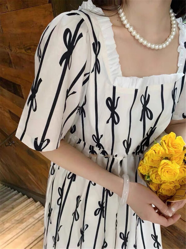 [Sumi] Korean style square neck bow tie wood ear dress 22558# zjy
