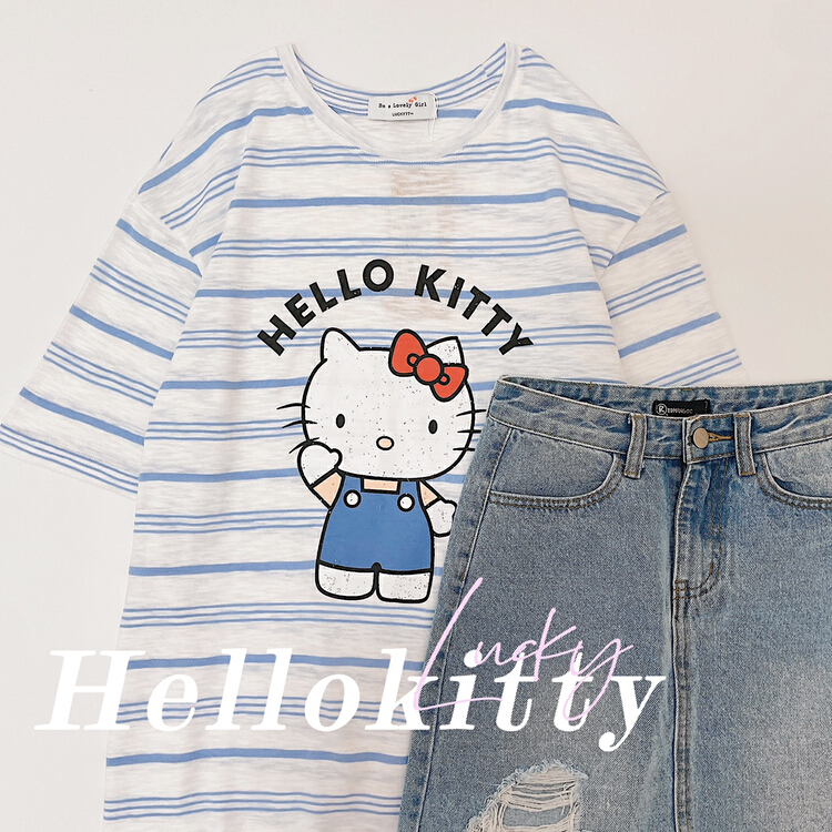 New in early summer! [lucky] Kitty Cat print stripe short sleeve T-shirt 8733# HBx