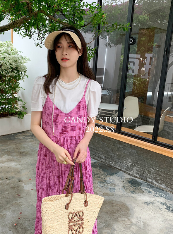 【CANDY糖果】韓系泡泡袖圓領短袖T恤+吊帶褶皺連衣裙套裝  YS2-3199#  ZJY