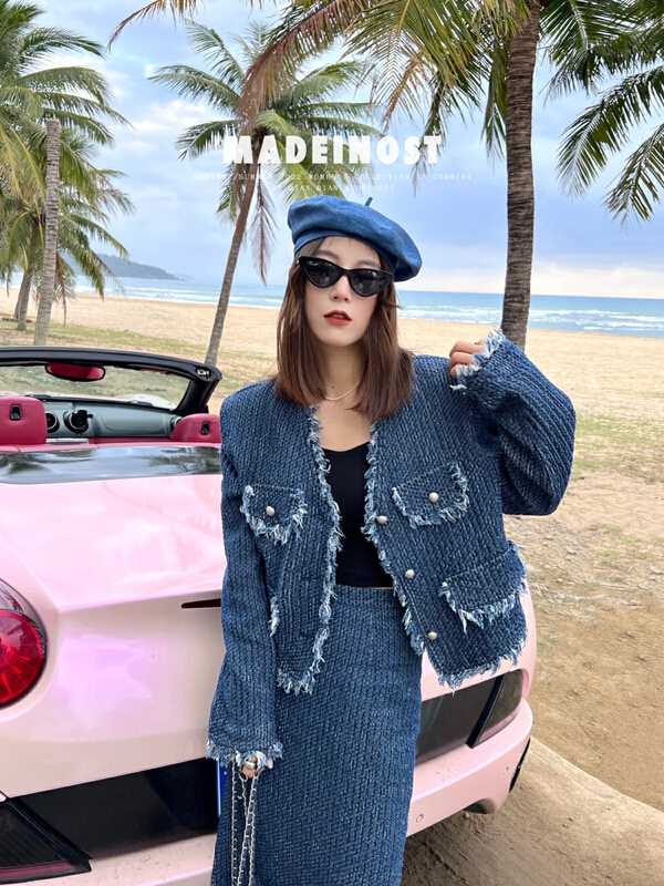 New year in early spring! [OSHA madeinost] small fragrance, retro, high-level feeling, shoulder pad, denim tassel short coat 86071# ll