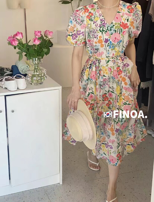 New in early summer! [finoa] Korean casual soft and colorful V-neck dress (with waist rope) (only dresses) 10367# CLS