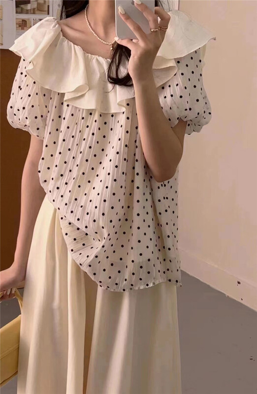 [Susan] Korean style shoulder wave dot T-shirt 18089# LSW