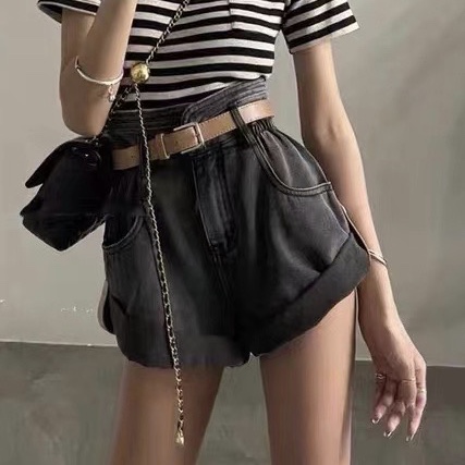[Han Xier] Korean version of high waist and thin A-shaped denim shorts (with belt) 2307# HBx
