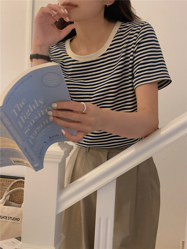 New in early summer! [feeding] Korean simple stripe short sleeve T-shirt 7736# cqw