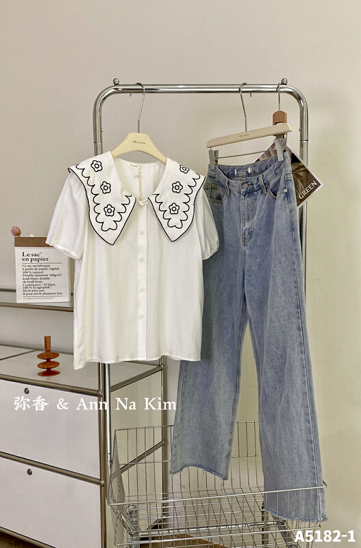 [Mi Xiang] large lapel embroidered lace blouse 5182-1# hjy