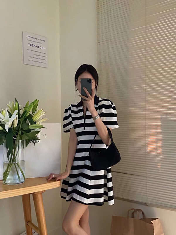 [wgwe] bubble sleeve stripe waistband dress 1718# PCZ