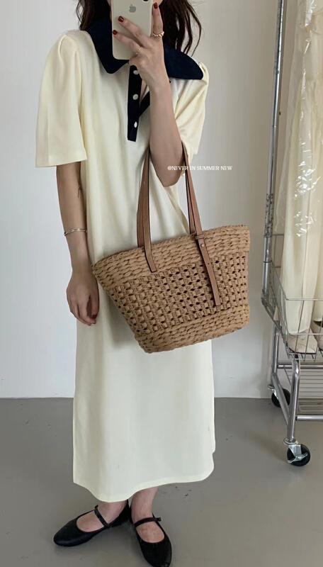 [Jin. C] bubble sleeve contrast collar buckle dress h3086# XYY