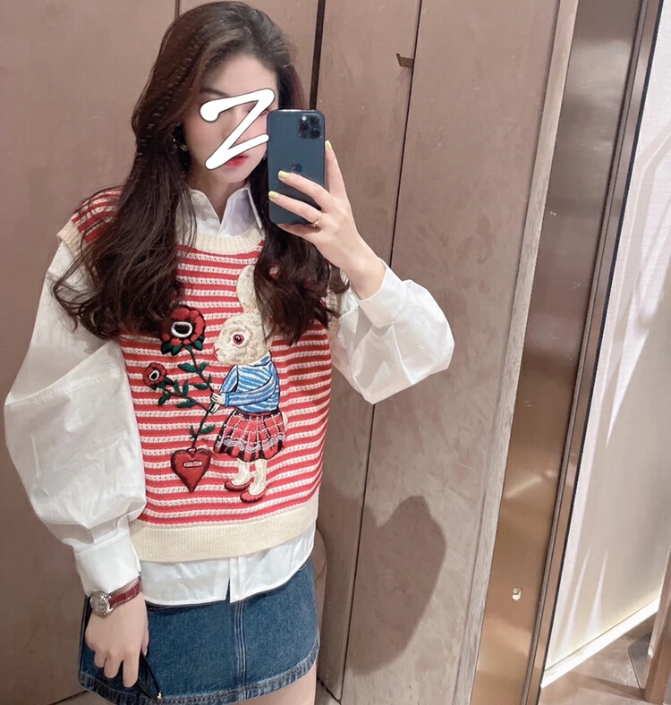 [pan] super cute cute little rabbit embroidery age reducing heavy industry stripe jacquard sweater 00291# PCZ