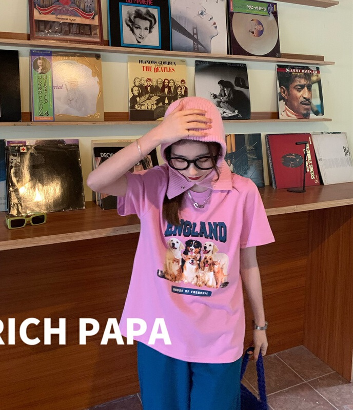 New in early summer! [rich Papa] fashionable Dog Print ins versatile short sleeve T-shirt t239# zxx