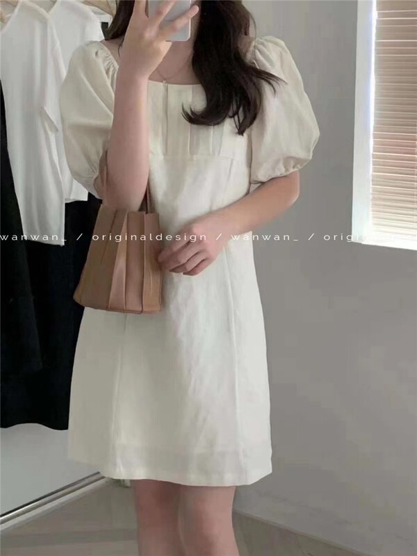 goods in stock! New in early summer! [wanwan] temperament versatile square neck bubble sleeve dress 1807# HBx