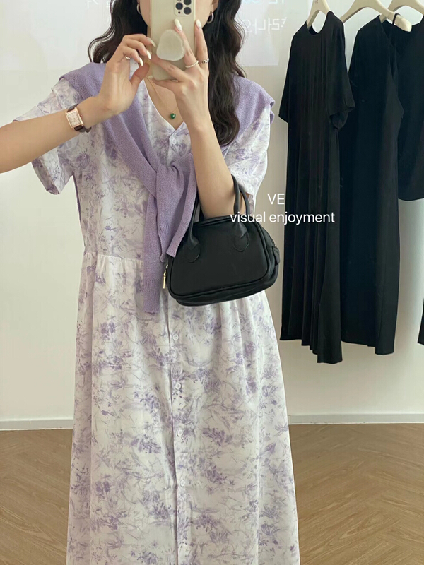 [ve] V-neck oil painting dress + fashionable simple shawl suit 89017-1# HBx