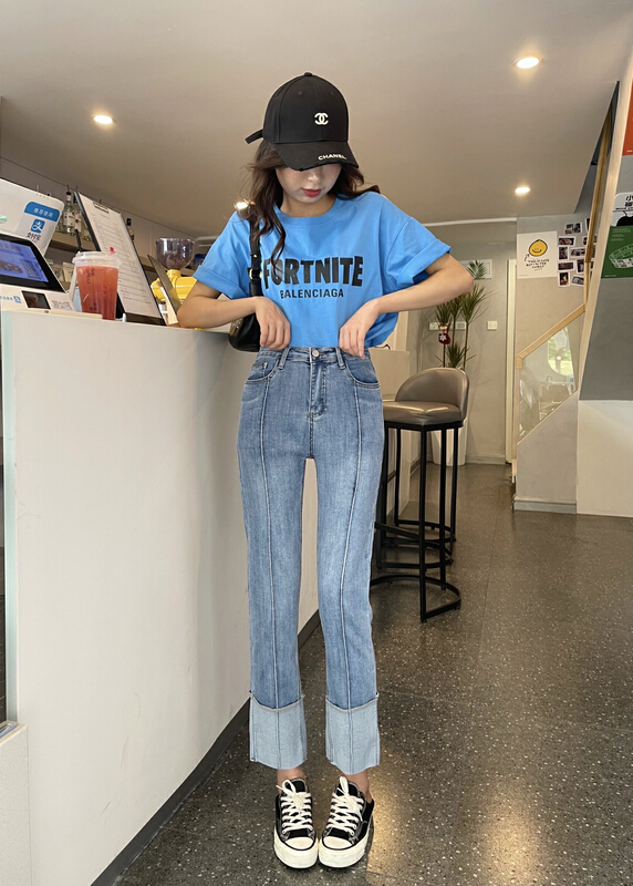 New in early summer! [en Xier] Korean stitched straight leg jeans k1219# L