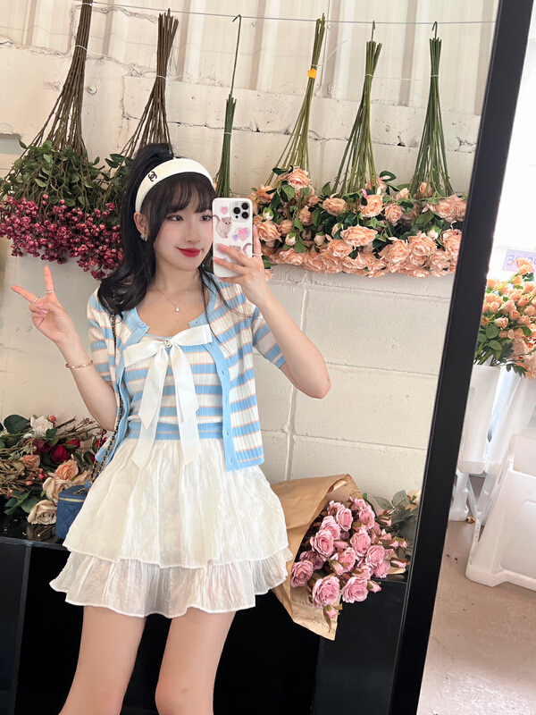 [CXI] fashion suspender inside + Rainbow Striped cardigan set (non detachable bow) 1619# WPL