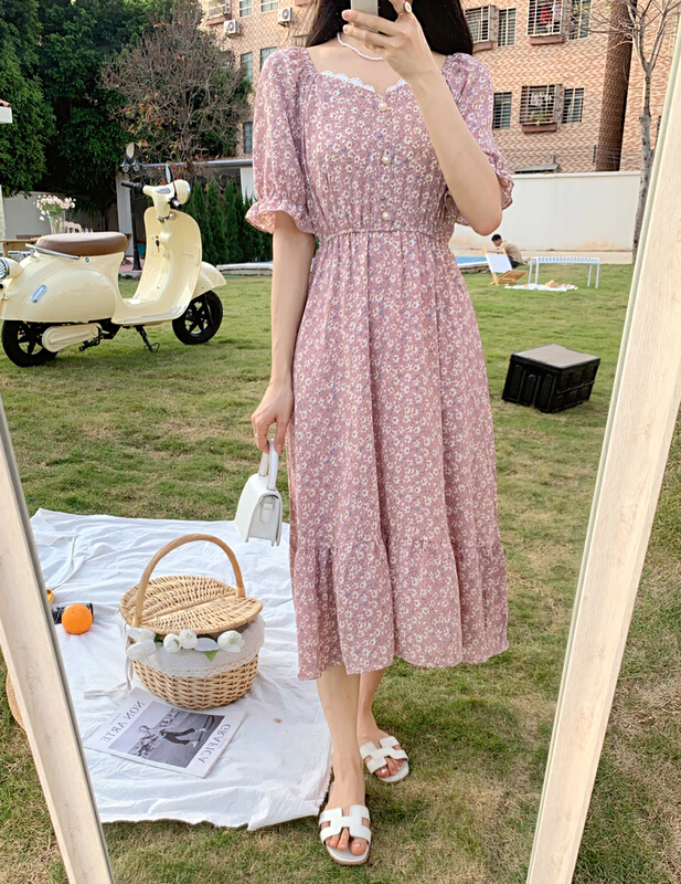 New in early summer! [m.yqueen] square collar floral dress 8823# Cl
