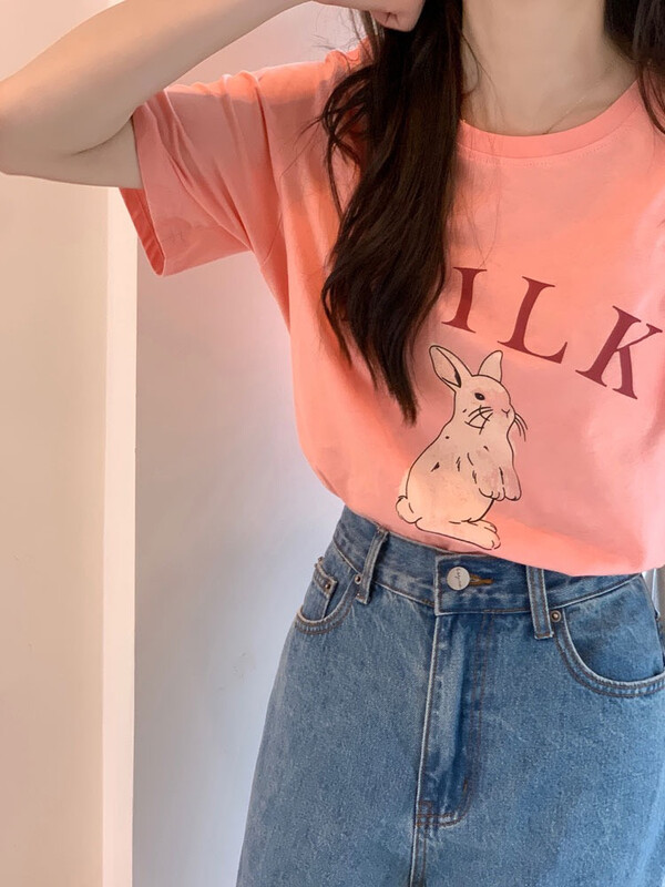 [miss sumey millet] Korean loose cartoon letter short sleeve T-shirt ys1-1372# HBx