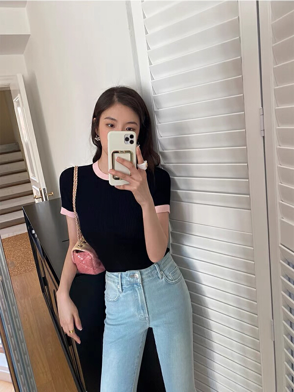 [smile baby] Korean color contrast slim fitting short sleeve T-shirt e8015-1# WPL