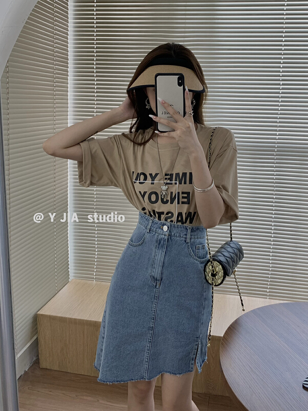 [y.jia Yijia] casual letter printed short sleeve T-shirt + irregular hem split denim skirt set ys1-1059# PCZ