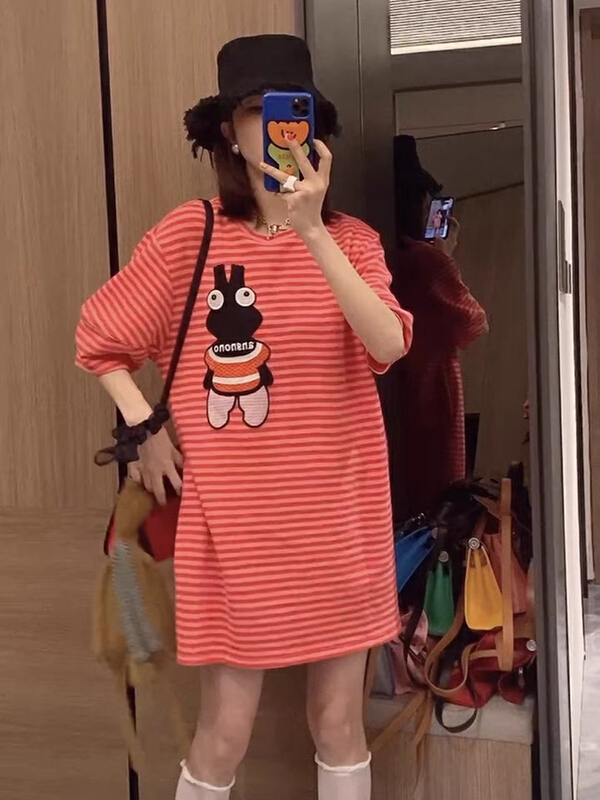 [come and see] bubble sleeve lady stripe minority dress 1125# JJ