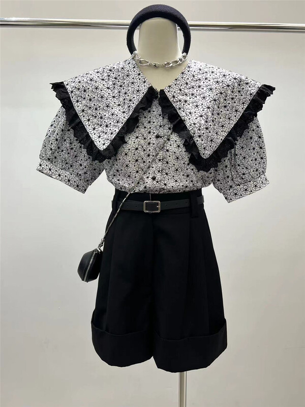 New in early summer! [AA studio] French large lapel print short blouse (only selling blouses) ys1-3261# WPL